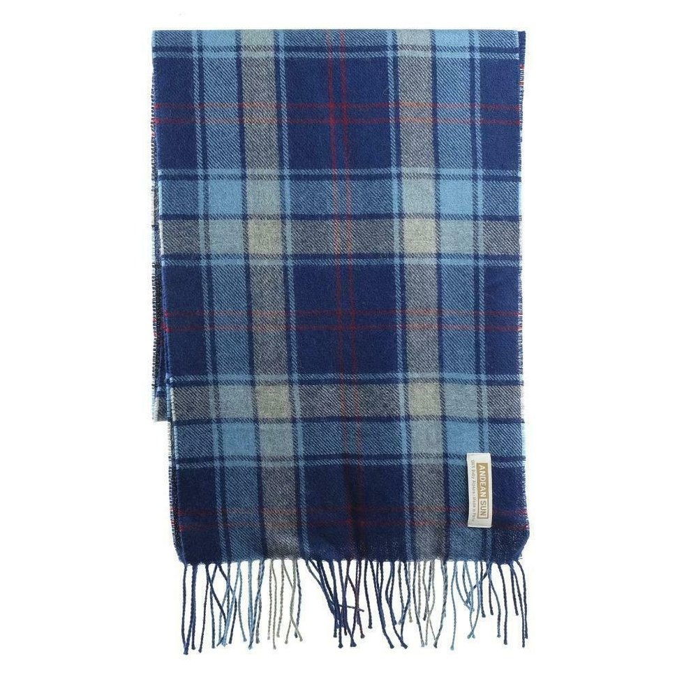 MINT ANDEAN SUN Scarf 100% Baby Alpaca Plaid Fringed Blue PERU 64" x 12"